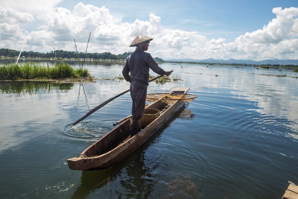 A fisherman navigates his canoe, Loktak Lake, Manipur. Photo: Jitendra Raj Bajracharya.